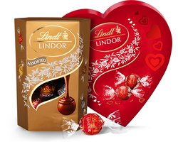 Lindt LINDOR Chocolade Bundel 400 gram - Melkchocolade, Witte chocolade, Pure chocolade, Hazelnoot chocolade - Rood Hart - Chocolade Cadeau - Moederdag Cadeautje