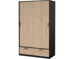 Line kledingkast 2 deuren 2 laden okkernoot decor zwart mat.