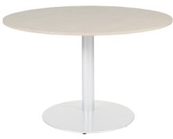 Linesto 120cm ronde vergadertafel op vaste hoogte (74cm) met honey castello 25mm blad en aluminium (RAL9006) trompetvoet