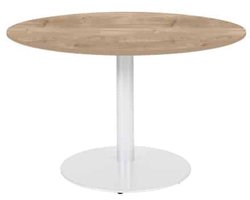 Linesto 120cm ronde vergadertafel op vaste hoogte (74cm) met honey castello 25mm blad en witte (RAL9010) trompetvoet