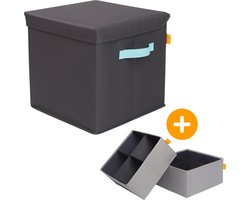 LINIBOX SitzCube Opbergbox van Gerecyclede PET Flessen met Verdeelvakken Grijs met Blauw - Opbergmand met Verdelers geschikt voor Kallax Kast - Grijze Opbergdoos Extra Stevig - Hocker - Poef met Opbergruimte Belastbaar tot 100 KG - Opbergpoef
