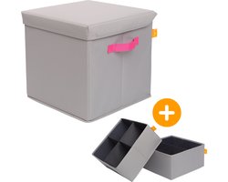 LINIBOX SitzCube Opbergbox van Gerecyclede PET Flessen met Verdeelvakken Grijs met Roze - Opbergmand met Verdelers geschikt voor Kallax Kast - Grijze Opbergdoos Extra Stevig - Hocker - Poef met Opbergruimte Belastbaar tot 100 KG - Opbergpoef - Zitbox