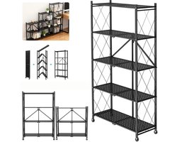 Linkforu – 3-4-of 5 laags - Inklapbare stellingskast – Wandkast – Boekenkast - Opslagplanken - Opbergrek - Magazijn huishoudelijke beweegbare kar met Wielen - Keuken - Roestvrij staal Zwart