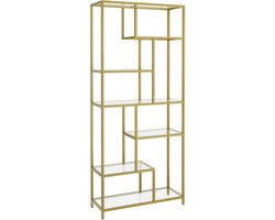 Linkforu - Boekenplank - Boekenkast - Boekenrek - Decoratierek - Stellingskast - Geharde Glazen Plateaus – Goud – 30x80x180 cm