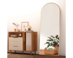 Linkforu - Gouden Frame Boog Spiegel - Luxe Vloerspiegel 163 x 53 cm - Aluminium Rand - Staande - Verticale Spiegel - Elegant & Functioneel - Make-up Spiegel - Ideaal Voor Slaapkamer - Woonkamer - Hal – Kleedkamer – Studio Gebogen Spiegel