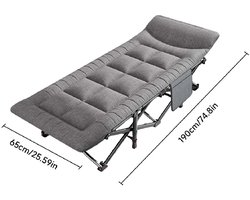 Linkforu – Inklapbaar Draagbaar Campingbed met kussen - Logeerbed - Veldbed - Incl. Zijvak - Stalen Frame - Draagvermogen 200 kg - Oxford Bekleding – Antraciet - 190x71x37CM