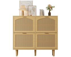 Linkforu - Rotan Houten Schoenenkast - 4 kleplades – Ruimte Besparend – Opbergkast - 100x25x90 cm - Metalen Handgrepen Houtkleurig