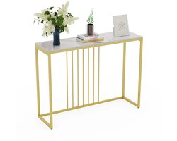 Linkforu – Side table – Bijzettafel - Wandtafel - Kaptafel - Marmeren Tafel - Goud Metalen Frame - Display Smalle Tafel Voor Hal - Woonkamer – Serre - 100x30x78.5cm - Goud - Wit