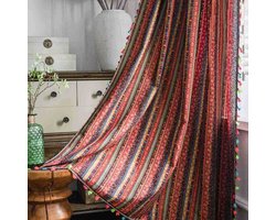 Linnen Boho-gordijnen met textuur, kleurrijke gestreepte print, lichtfilterende gordijnen voor de woonkamer, gordijnen met roedezak en kwastjes,140x160cm