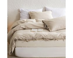 Linnen Dekbedovertrek Set Tweepersoons - Zacht en Ademend Beddengoed Mengsel van Linnen en Katoen - Elegante Deken met Strik - Luxe Hotelkwaliteit voor Meisjes (Beige, 200x200 cm)