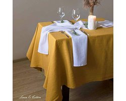 Linnen en Katoen Tafelkleed in Diverse Kleuren - 100% Linnen, Mosterdgeel (100 x 100 cm) Tafellaken voor Keuken, Diner en Salontafel
