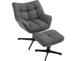 Linnen Fauteuil met Voetenbank – 360° Draaibare Loungefauteuil – Comfortabele Stoel met Brede Zitting – Moderne Stoel met Hocker voor Woonkamer & Slaapkamer - Grijs