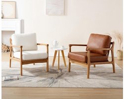 Linnen fauteuil voor woonkamer – Gestoffeerde massief houten stoel, accentstoel voor slaapkamer – Beige
