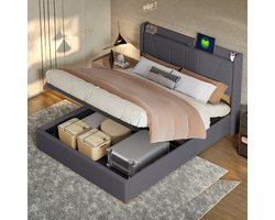 linnen gasveerbed 140×200 cm met USB- en Type-C-aansluiting en onderbed-opslag, praktisch en comfortabel ontwerp voor moderne slaapkamers, Grijs
