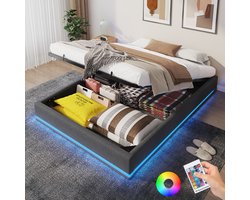 Linnen Gestoffeerd Bed 160x200 cm - Met Hydraulische Hendel - Opbergbed - Jongerenbed - Jeugdbed - Tweepersoonsbed - Bedframe met Led Verlichting - Eenvoudige Montage - Zonder hoofdbord - Grijs