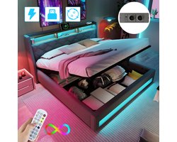 Linnen Gestoffeerd Bed 160x200 cm - Met Hydraulische Hendel - Opbergbed - Jongerenbed - Jeugdbed - Tweepersoonsbed - Bedframe met Led Verlichting - Met Stopcontacten - USB -Type C - Eenvoudige Montage - Grijs