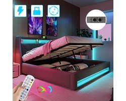 Linnen Gestoffeerd Bed 160x200 cm - Met Hydraulische Hendel - Opbergbed - Jongerenbed - Jeugdbed - Tweepersoonsbed - Opbergruimte - Bedframe met Led Verlichting - Met Stopcontacten - USB -Type C - Eenvoudige Montage - Grijs