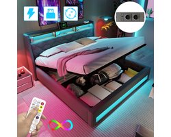 Linnen Gestoffeerd Bed 180x200 cm - Met Hydraulische Hendel - Opbergbed - Jongerenbed - Jeugdbed - Tweepersoonsbed - Opbergruimte - Bedframe met Led Verlichting - Met Stopcontacten - USB -Type C - Eenvoudige Montage - Grijs