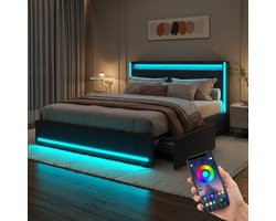Linnen Gestoffeerd Bed 180x200 cm met Opbergruimte en Lattenbodem-Tweepersoonsbed- Opbergbed - Jeugdbed - Bedframe met Led Verlichting - Met Stopcontacten - USB -Type C,grijs,zonder matras