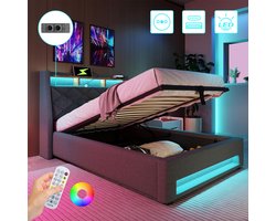 Linnen Gestoffeerd Bed 90x200 cm - Eenpersoonsbed - Met Hydraulische Hendel - Opbergbed - Jongerenbed - Jeugdbed - Bedframe met Led Verlichting - Met Stopcontacten - USB -Type C - Eenvoudige Montage - Grijs