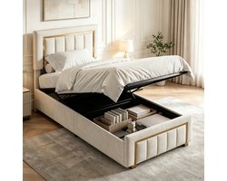 Linnen Gestoffeerd Bed 90x200 cm - Eenpersoonsbed - Opbergbed - Jongerenbed - Jeugdbed - hydraulische pers - Met Hydraulisch Lift Systeem & Grote Opbergruimte - Gestoffeerd Hoofdbord met Gouden Details - gebroken wit - Stevig en Duurzaam