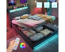 Linnen Gestoffeerd Bed 90x200 cm - Met Hydraulische Hendel - Opbergbed - Jongerenbed - Jeugdbed - Eenpersoonsbed - Bedframe met Led Verlichting - Met Stopcontacten - USB -Type C - Eenvoudige Montage - Grijs