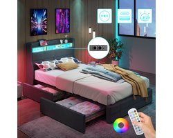 Linnen Gestoffeerd Bed 90x200 cm - Opbergbed - Jongerenbed - Jeugdbed - Eenpersoonsbed - Bedframe met 2 Lades - Led Verlichting - Met Stopcontacten - USB -Type C - Eenvoudige Montage - Grijs