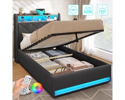 Linnen Gestoffeerd Bed 90x200 cm - Opbergbed - Jongerenbed - Jeugdbed - Eenpersoonsbed - Bedframe met Led Verlichting - Met Hydraulische Hendel - Met Stopcontacten - USB -Type C - Eenvoudige Montage - Grijs