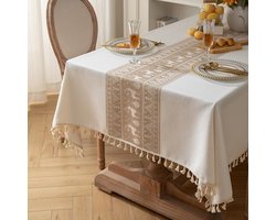 Linnen Katoen Tafelkleed Rechthoekig met Franjes voor Eetkamer en Salontafel 140x200 cm Champagne