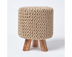 Linnen katoenen gebreide poef voetenbank met houten poten - 32 x 32 x 42 cm