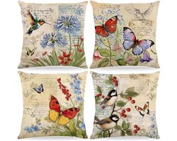 Linnen Kussenhoezen met Lente Bloemen en Vlinders voor Sofa en Slaapkamer Decoratie - Set van 4 Stuks