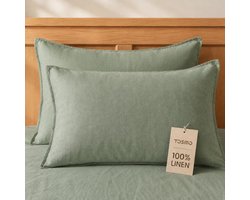 Linnen Kussenslopen - Natuurlijk Beddengoed - Comfortabele Slaap - Steen Gewassen Textuur - 50x76 cm Set - Saliegroen