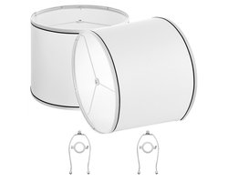 Linnen Lampenkap - Trommelmodel - Set van 2 - Maten: Ø32 cm onder, Ø29 cm boven, H 24,5 cm - Met Harp - Voor Tafel- en Vloerlampen - Met PVC Voering - Wit met zwarte rand