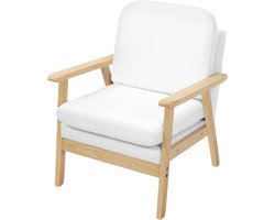 Linnen Lounge Stoel - Fauteuil met Dikke Kussens & Massief Houten Frame - Scandinavisch Design - Leesstoel voor Woonkamer, Slaapkamer of Balkon - Crèmewit - 64x81,5x66,5 cm