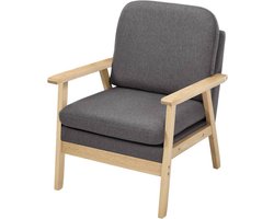 Linnen Lounge Stoel - Fauteuil met Dikke Kussens & Massief Houten Frame - Scandinavisch Design - Leesstoel voor Woonkamer, Slaapkamer of Balkon - Donkergrijs - 64x81,5x66,5 cm