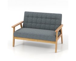 Linnen Loveseat – 2-Zits Bank met Klassiek Getuft Ontwerp en Massief Rubberhouten Frame, Mid-Century Stijl, Grijs