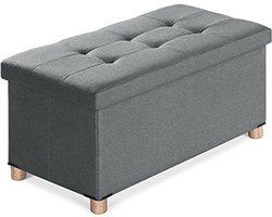 Linnen opbergpoef met houten poten - Multifunctionele ottomaanse bank voor woonkamer - Grijs - 76 x 38 x 38 cm