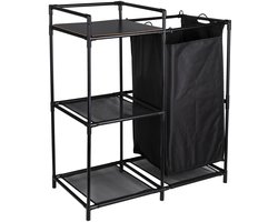 Linnen Opbergrek met Waszak 50L – Wasmand Organizer – 3 Lagen – Metalen Frame – Zwart