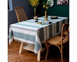 Linnen Tafelkleed Hemelsblauw Gestreept met Kwastjes - Katoen voor Eettafel - Moderne Keukendecoratie - 140x180 cm