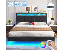 Linnen Tweepersoonsbed 160x200 cm - Heavy Duty Metalen Bedframe - Gestoffeerd Bed - Jongerenbed - Jeugdbed - Zwevend Design - Met LED Verlichting - Stopcontacten - USB Poorten - Type C - Hoofdbord met Opbergruimte - Donkergrijs