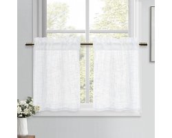 Linnen Uiterlijk Gordijnen - Wit - Semi-Transparant - Kort - Set van 2 - H 60 x 90 cm - Modern - Raamgordijnen voor Keuken - Caravan - Kastgordijn - Woonkamer - Bistro Gordijn - Landhuis Decoratie
