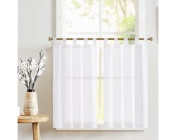 Linnen vitrage met lussen, bistrogordijn, semi-transparant kort gordijn, transparant gordijn, raamgordijn voor keuken, woonkamer, landhuis, set van 2, 65 B x 90 H (cm) wit