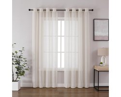 Linnenlook voile gordijnen met ringen, gordijn voor slaapkamer en woonkamer, linnenkleur, set van 2