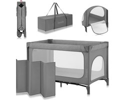 Lionelo Jasmin Campingbedje - Easy Fold Reisbedje – Opvouwbaar in seconden – 2 Hoogtes Matras T25 – Inclusief Reistas – Zijdeur met Rits – Gaaswanden – 2 Wielen met Rem – Stalen Frame – 0-36 Maanden