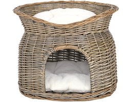 lionto kattenmand, natuurlijke rieten mand met hol & ligdak, grijs