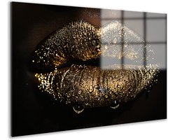 Lippen glasschilderij - Goud - Glamour - Luxe - Wanddecoratie woonkamer - Schilderij plexiglas - Decoratie kantoor - Slaapkamer accessoires - 60x40 cm