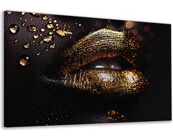 Lippen schilderij - Lichaamsdeel portret - Schilderijen canvas Goud - Muurdecoratie industrieel - Canvas schilderijen - Woonkamer decoratie canvas 70x50 cm