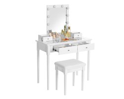 Lisieux Kaptafel - kaptafel set - gecapitonneerde kruk en 10 dimbare lampen - 2 grote en 2 kleine lades - tafelblad van helder gehard glas - cadeau-idee - wit