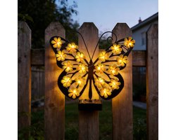 LISM-Decoratieve vlinderwandlamp op zonne-energie, metalen vlinderwanddecoratie, waterdichte vlinderwandlamp met bloemvormige LED-lampjes, Geschikt voor terras, tuin, erf of als decoratie Geschikt voor de schutting (geel).