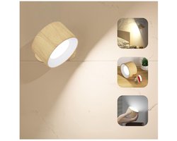 LISM-Draadloze wandlamp, geen stroomaansluiting nodig, 3 kleurmodi, 3 helderheidsniveaus, 360° draaibaar, USB oplaadbare touchlamp Geschikt voor de slaapkamer (houtkleur)